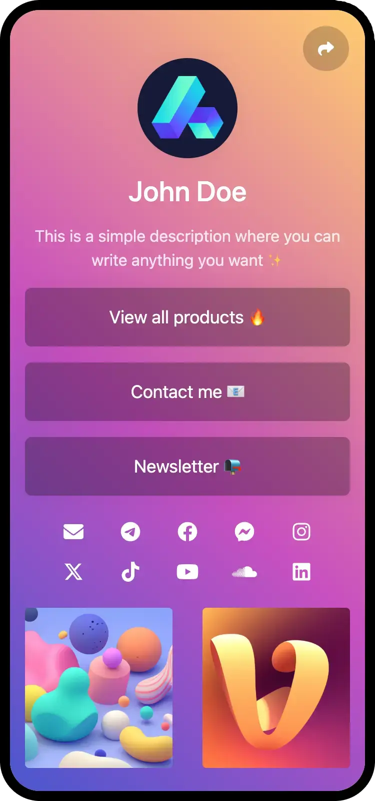 Captura de tela de exemplos de página biolink